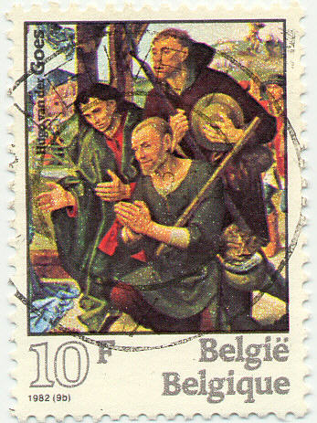 Timbre belge avec adoration des bergers d' Hugo Van der Goes 